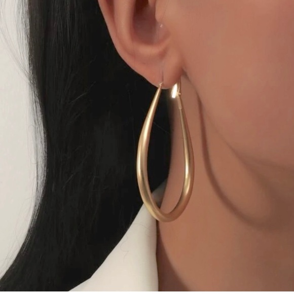 Gold Oval Drop Hoop Earring - Picture 2 of 5